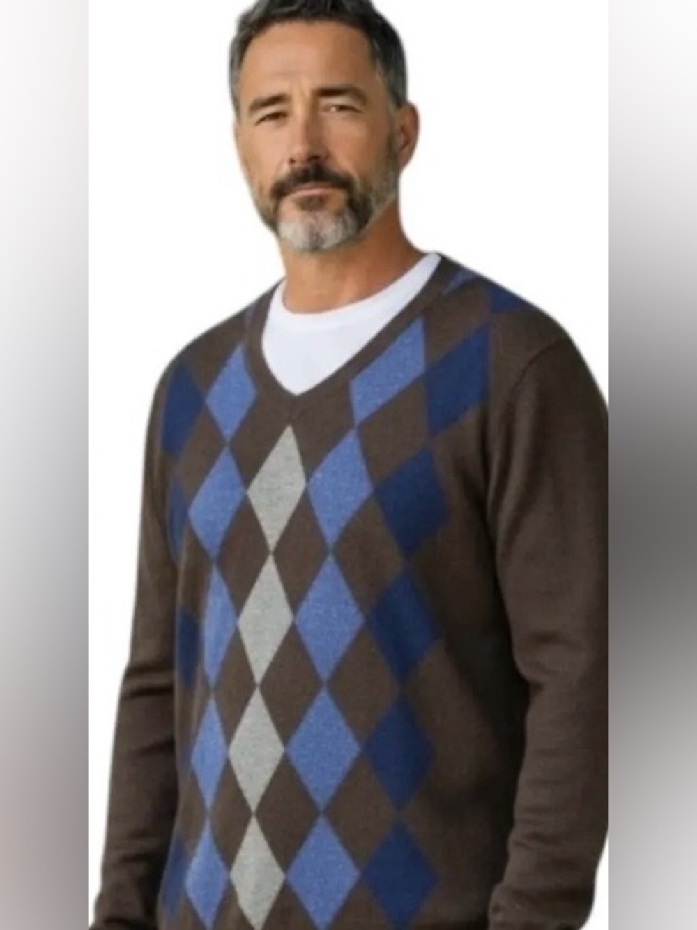 Apt. 9 Men's Argyle V-Neck Sweater Brown Blue XL Merino Wool Blend